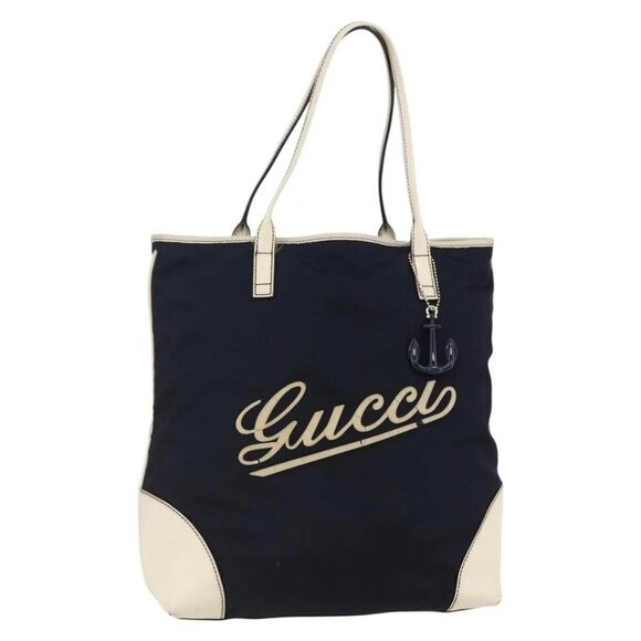 GUCCI Tote Bag Nylon Leather Navy 170008 Auth